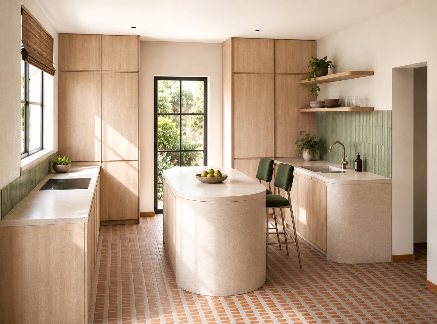 Projet de cuisine sur mesure en bois clair et zellige vert