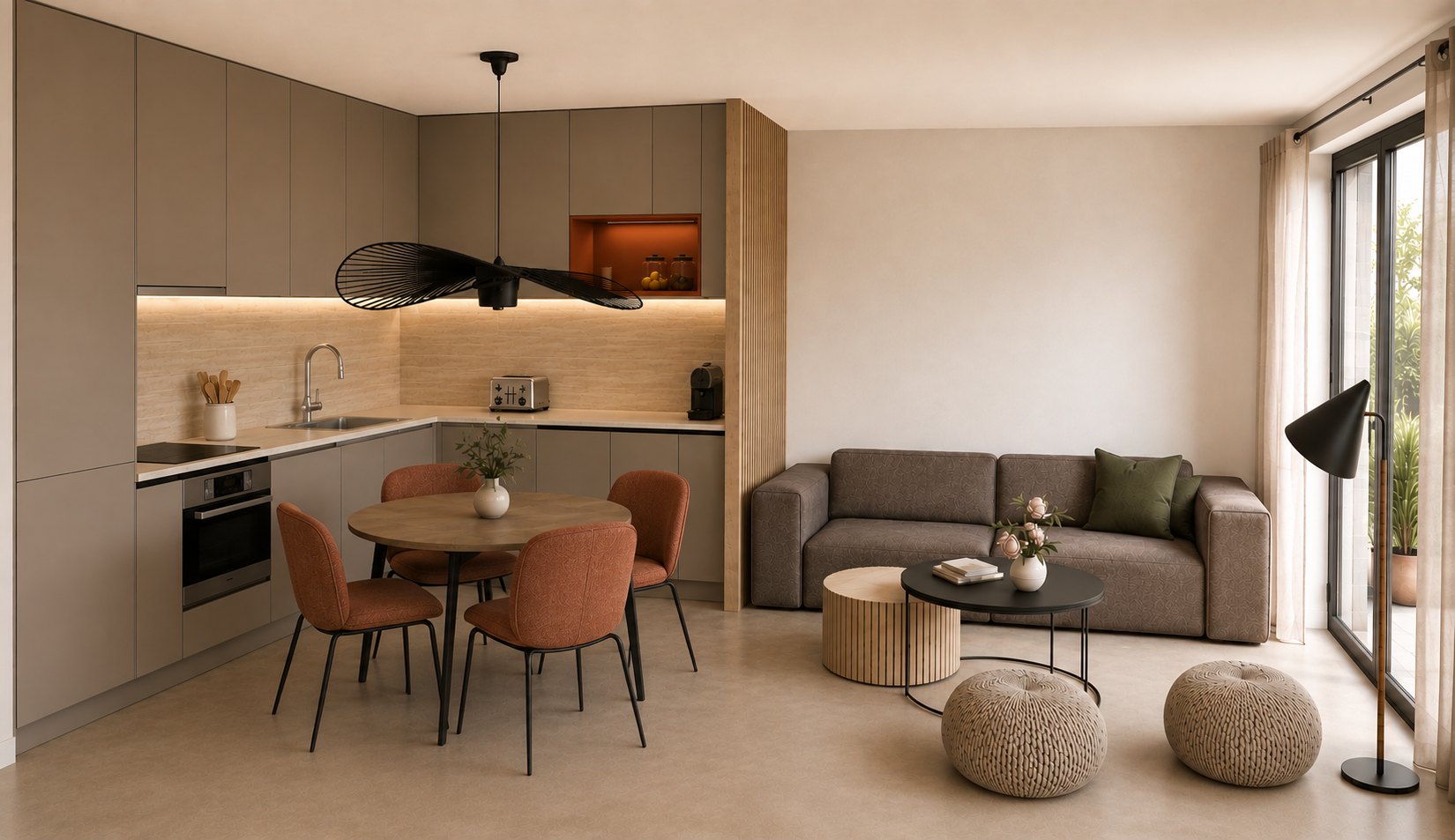 Projet de cuisine ouverte et séjour compact pour un studio